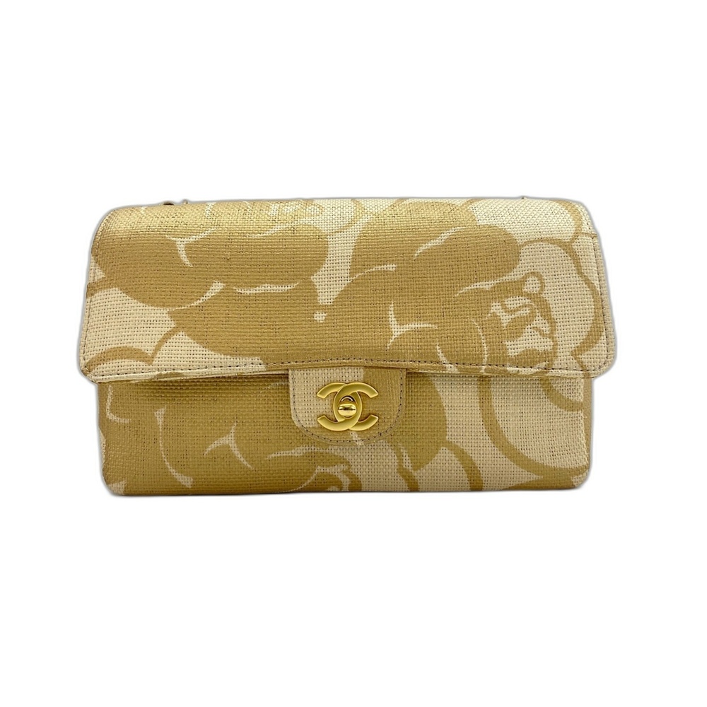 Chanel Camellia Print Shoulder Bag, Raffia, Gold
